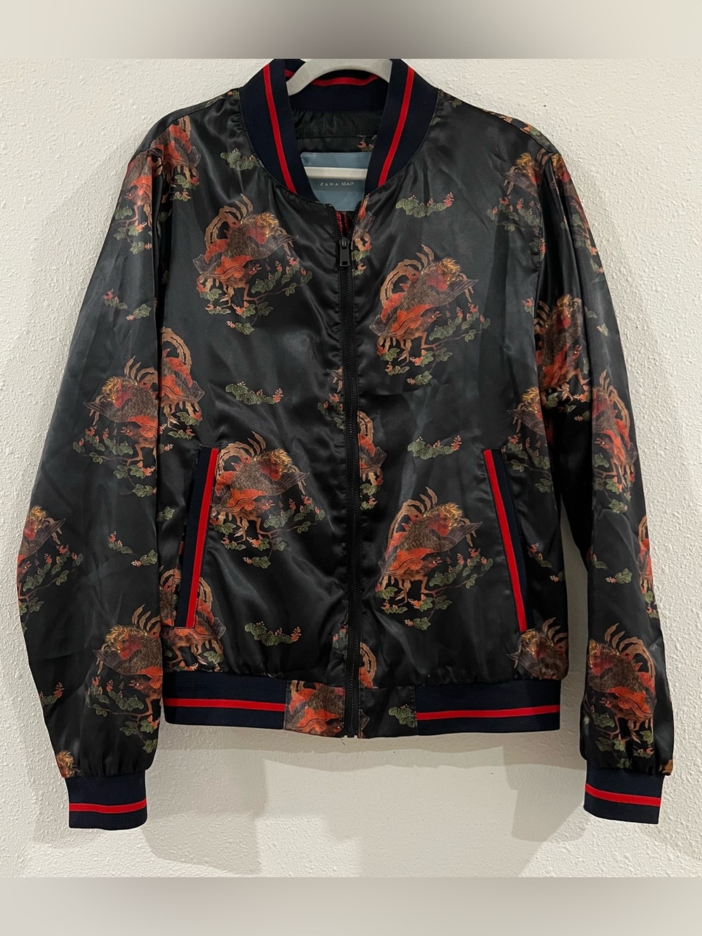 Zara Black Satin Bomber Jacket with Red Trim and Multicolor Dragon Print